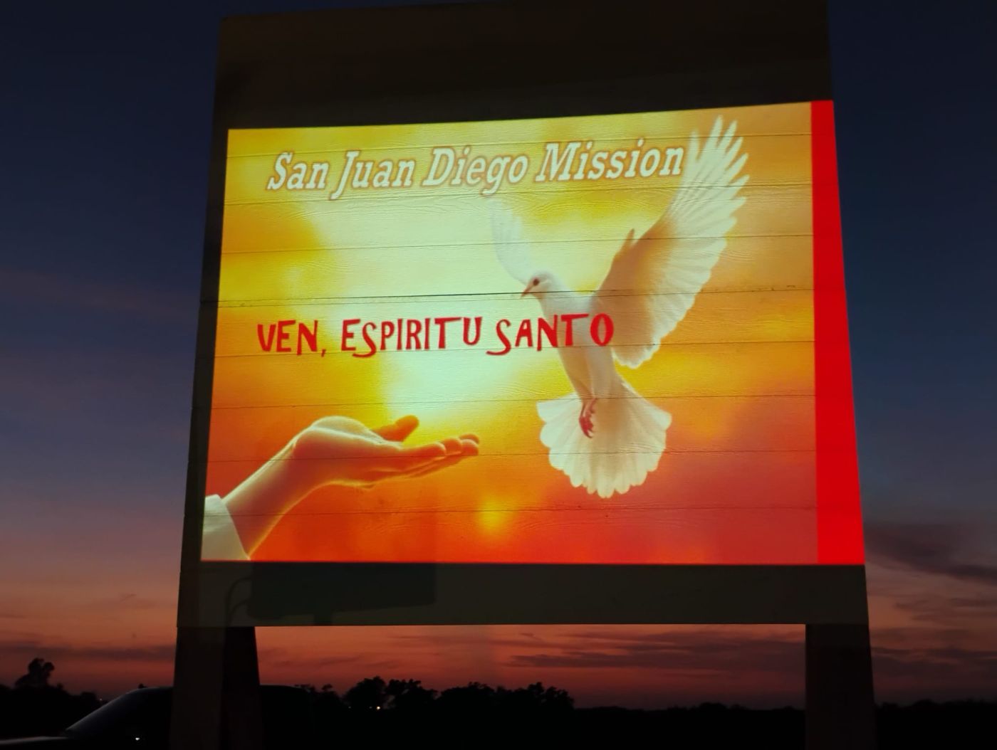 Screen with a dove and the text "Come, Holy Spirit" during the Pentecost Vigil